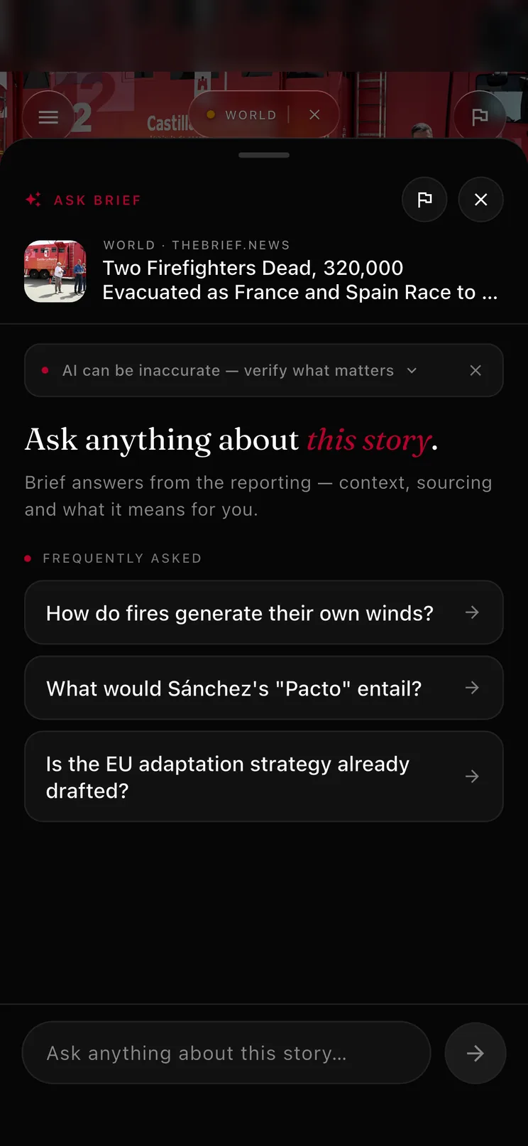 Ask Brief open on a World story, offering follow-up questions about it.