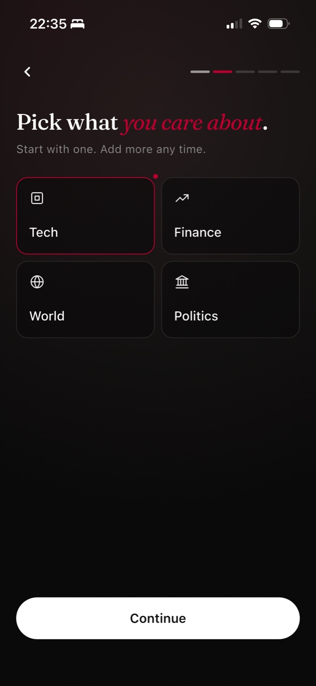 Category selection: Tech, Finance, World, Politics