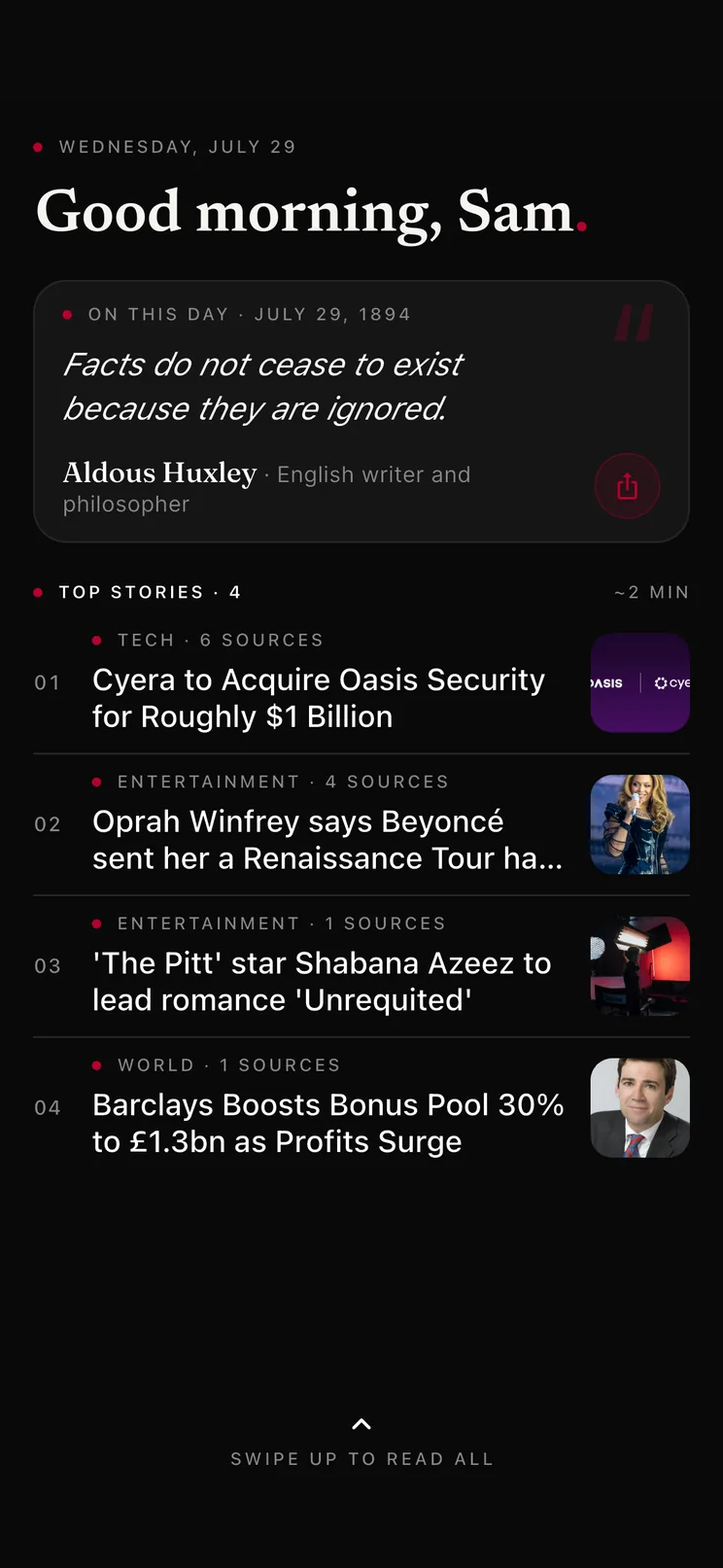 Your Daily Brief in the Go Brief app: the day's top stories with source counts and a two-minute read estimate.