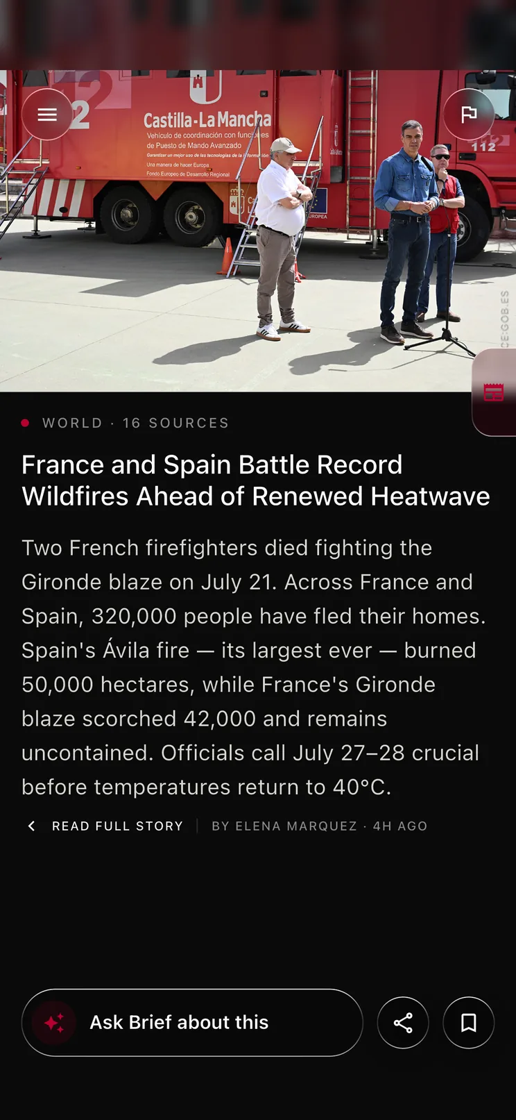 A Go Brief story card: category, source count, headline, summary, byline, and the Ask Brief button.