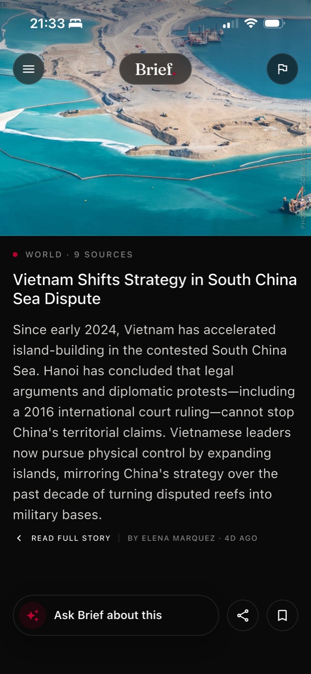 Go Brief feed showing a World story with Ask Brief