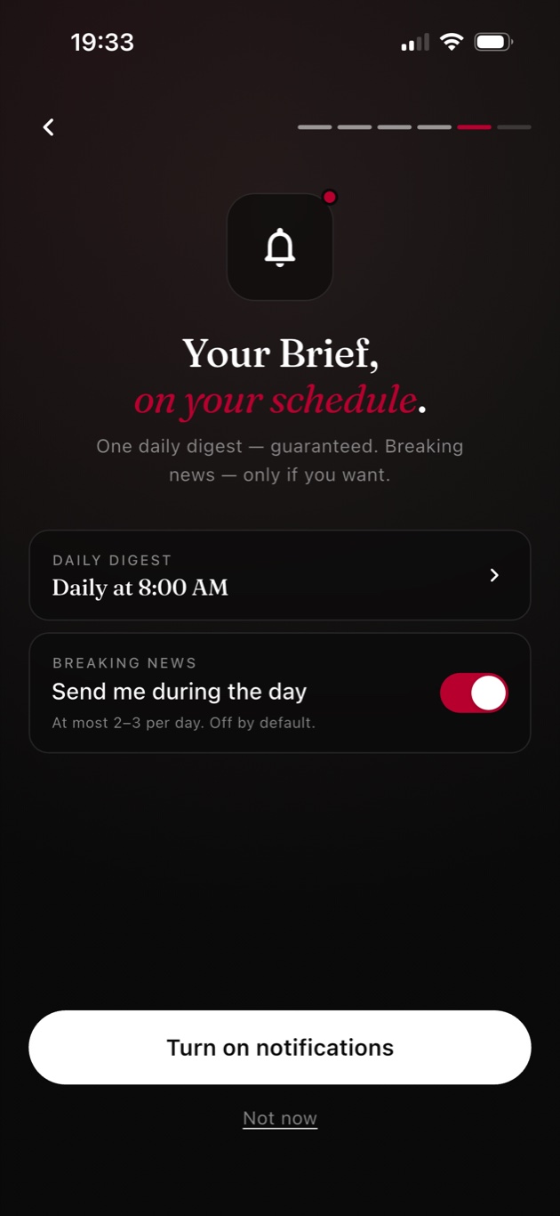 Notification schedule: daily digest at 8 AM, breaking news toggle