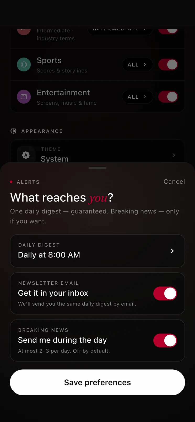 Notification settings in Go Brief: the daily brief time picker, with breaking alerts switched off.