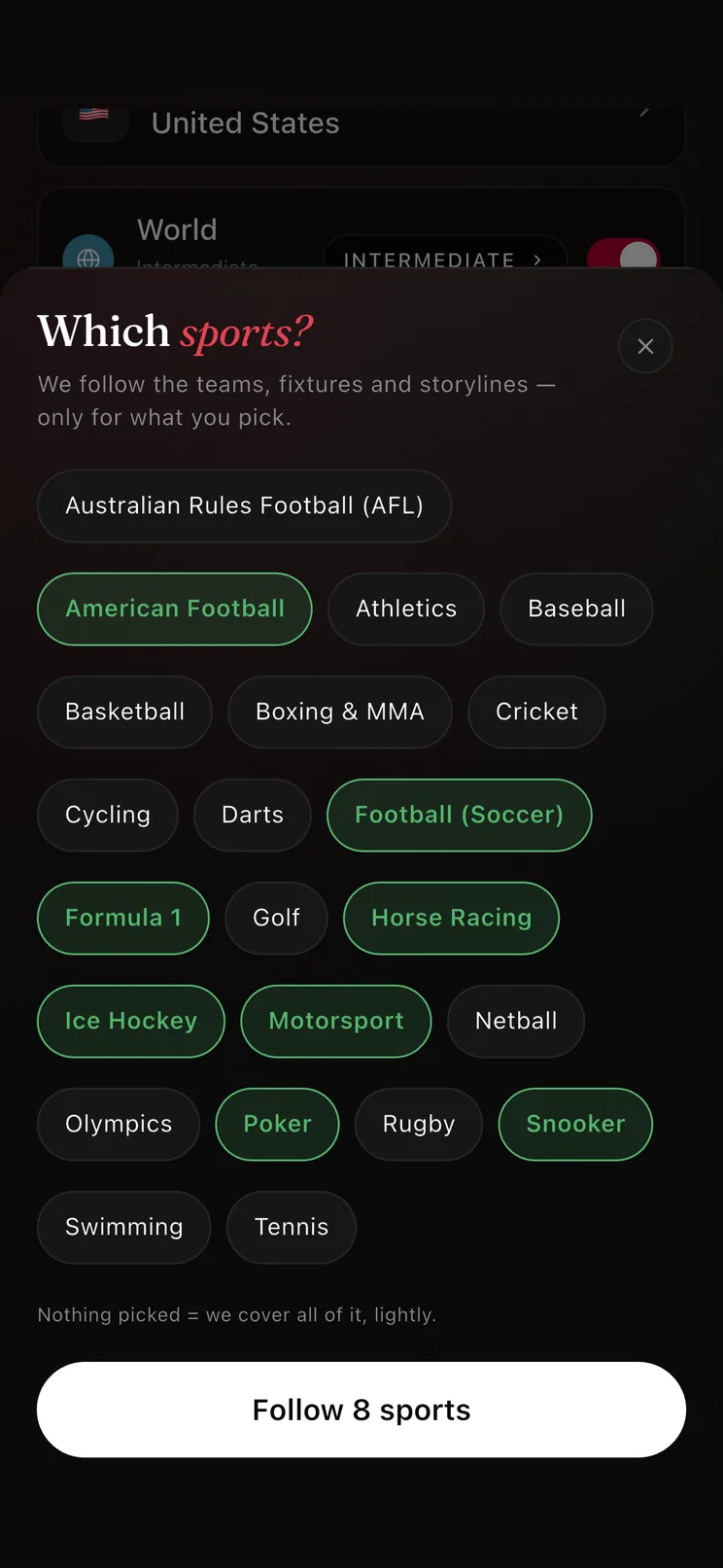 Choosing which sports to follow in Go Brief — 22 to pick from.
